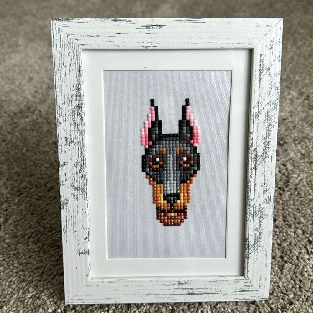 Handmade rhinestone embroidery Doberman breed framed art matted size 4 x 6